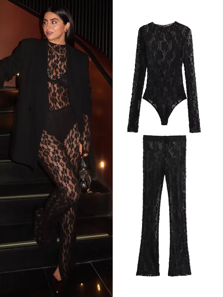 HH Frauen Neue Mode Vielseitige Spitze Overalls Mit Langen Ärmeln Aushöhlen Schlank Onesies Weibliche Sexy Elegante Wilde frauen Bodys