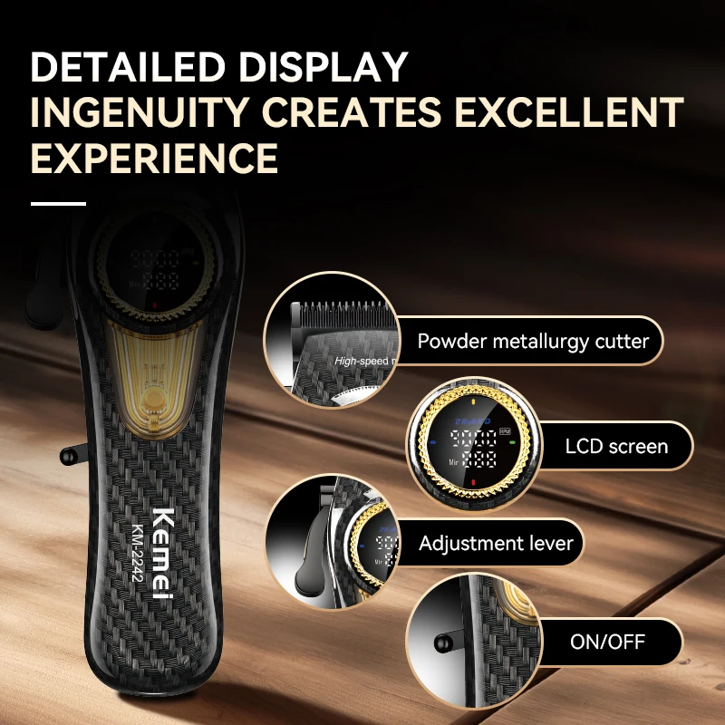 Kemei-Hair Clipper Trimmer com motor sem escova, alimentado por bateria, aparadores de cabelo, Clippers comerciais com base de carregamento, KM-2242