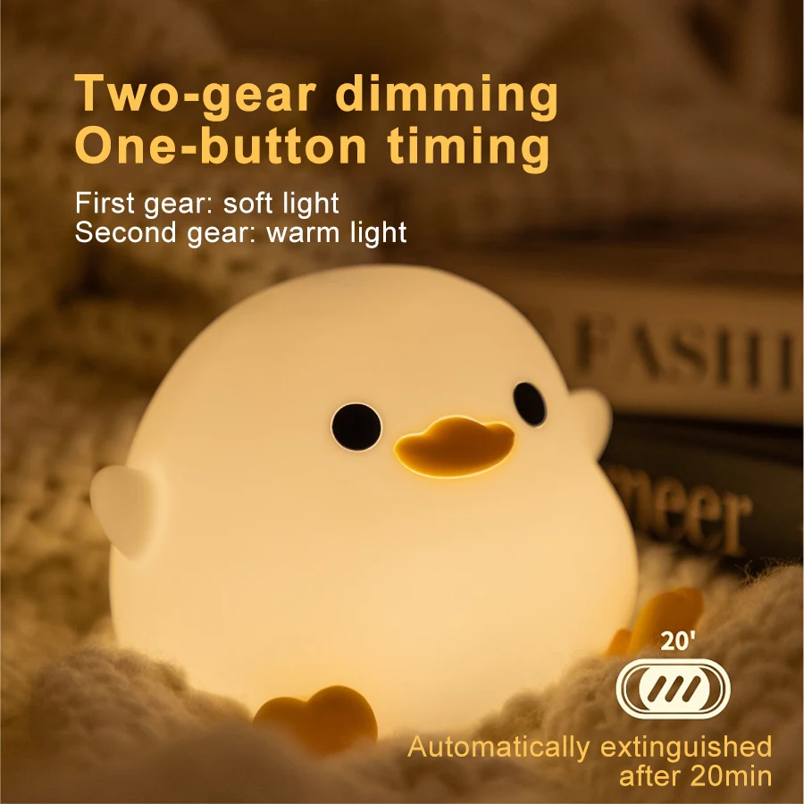 Luz LED nocturna con bonito pato Doudou, lámpara de silicona para niños, Sensor táctil, sincronización, recargable por USB, luz suave, cuidado de los ojos