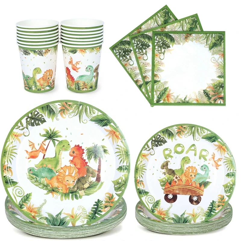 Vajilla desechable con tema de dinosaurio de dibujos animados, decoración de cumpleaños de dinosaurio, suministros para fiesta de cumpleaños de Safari en la jungla para Baby Shower para niños