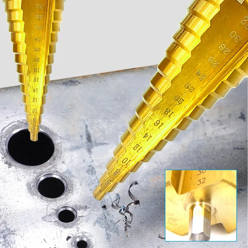 1PC Titanium Plated Hexagonal Straight Groove Step Drill 4-32mm Reaming Pagoda Drill Bit Hole Opening Step Drill Tool