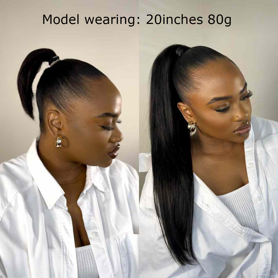 Beleza real em linha reta cabelo humano laço mágico rabo de cavalo 100% remy cabelo humano envoltório em torno de rabo de cavalo extensão para preto