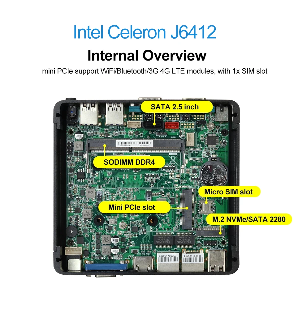 Fanless Mini PC Intel Celeron J6412 2xGigabit Ethernet 2x RS232/RS485 HDMI VGA Mini PCIE WiFi/4G 6x USB Support Windows Linux