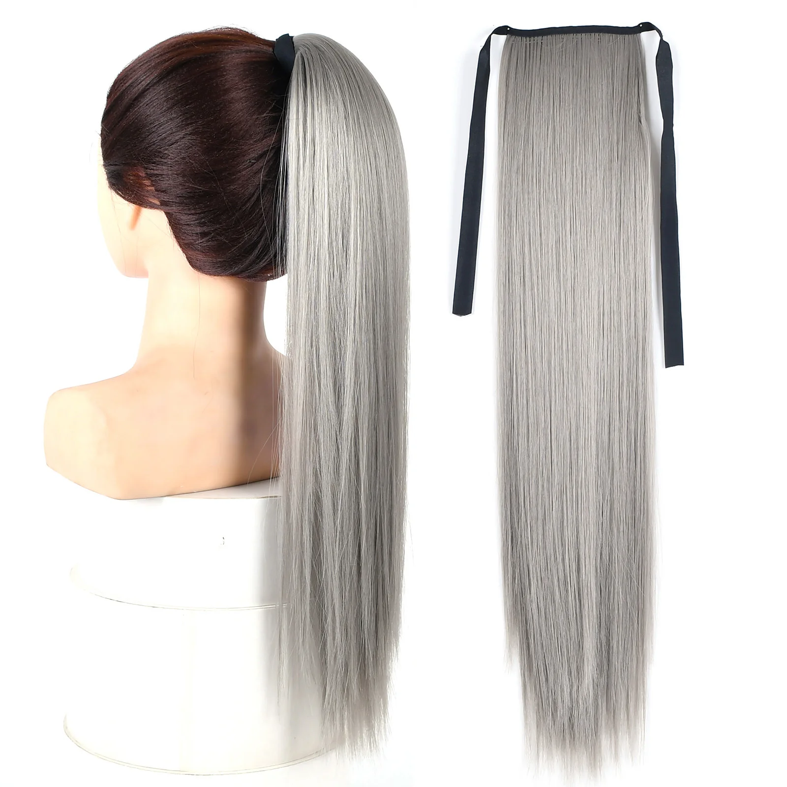 Jeedou rabo de cavalo sintético luz prata cinza cor extensão do cabelo fita cordão em linha reta ondulado rabo de cavalo cosplay peruca