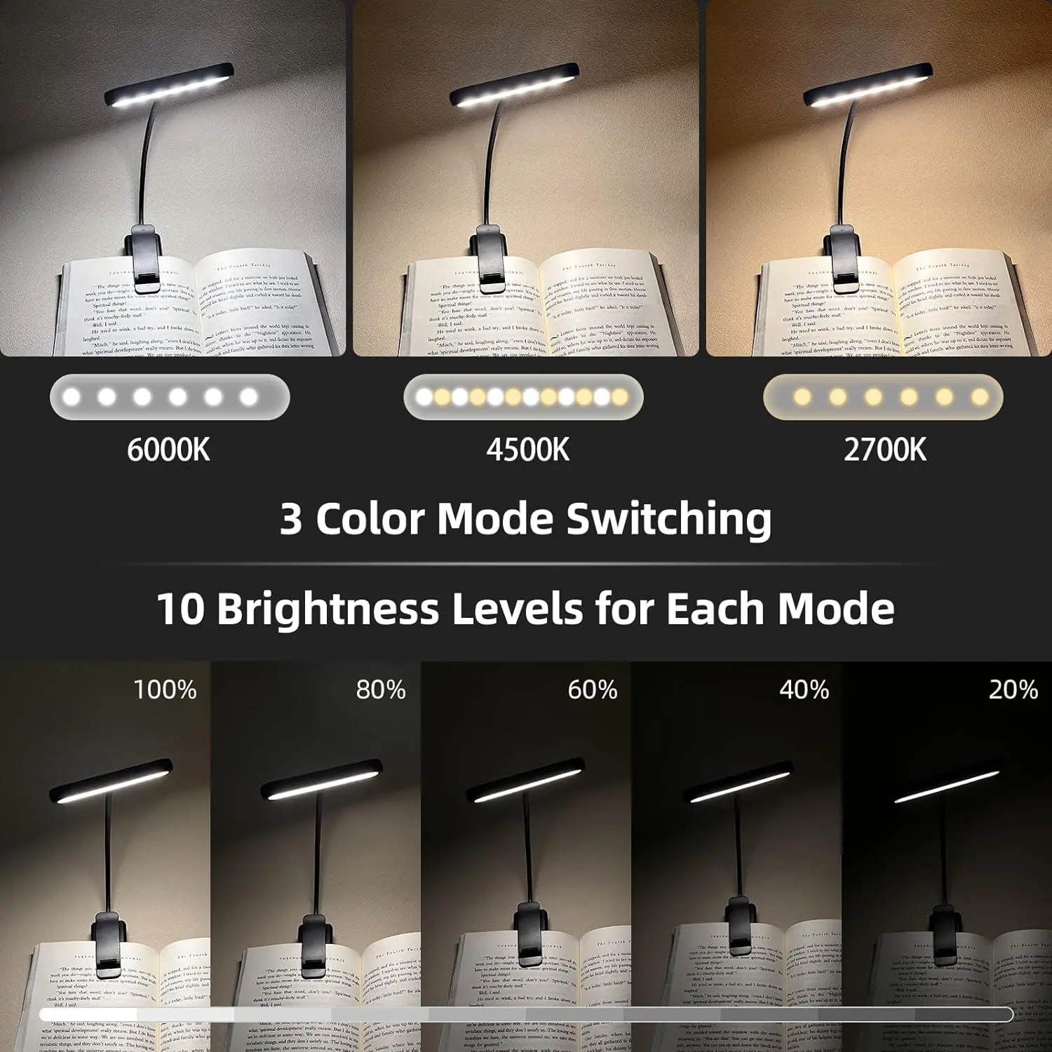Luz LED de lectura para libros, lámpara de luz regulable recargable por USB con Clip para el cuidado de los ojos, lámpara de lectura nocturna Flexible ajustable
