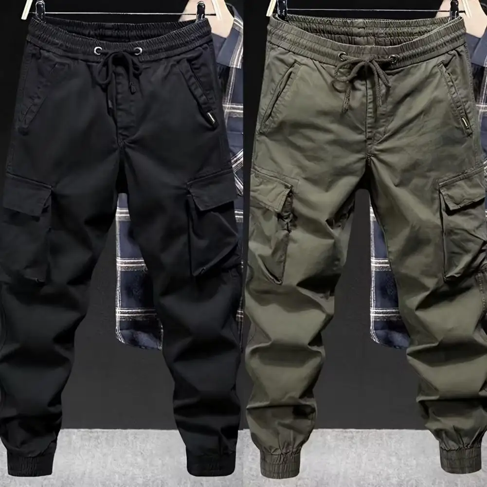 Pantalones con cintura elástica, pantalones Cargo para hombre con cordón, cintura elástica, múltiples bolsillos, diseño de banda en el tobillo para uso diario en la cadera