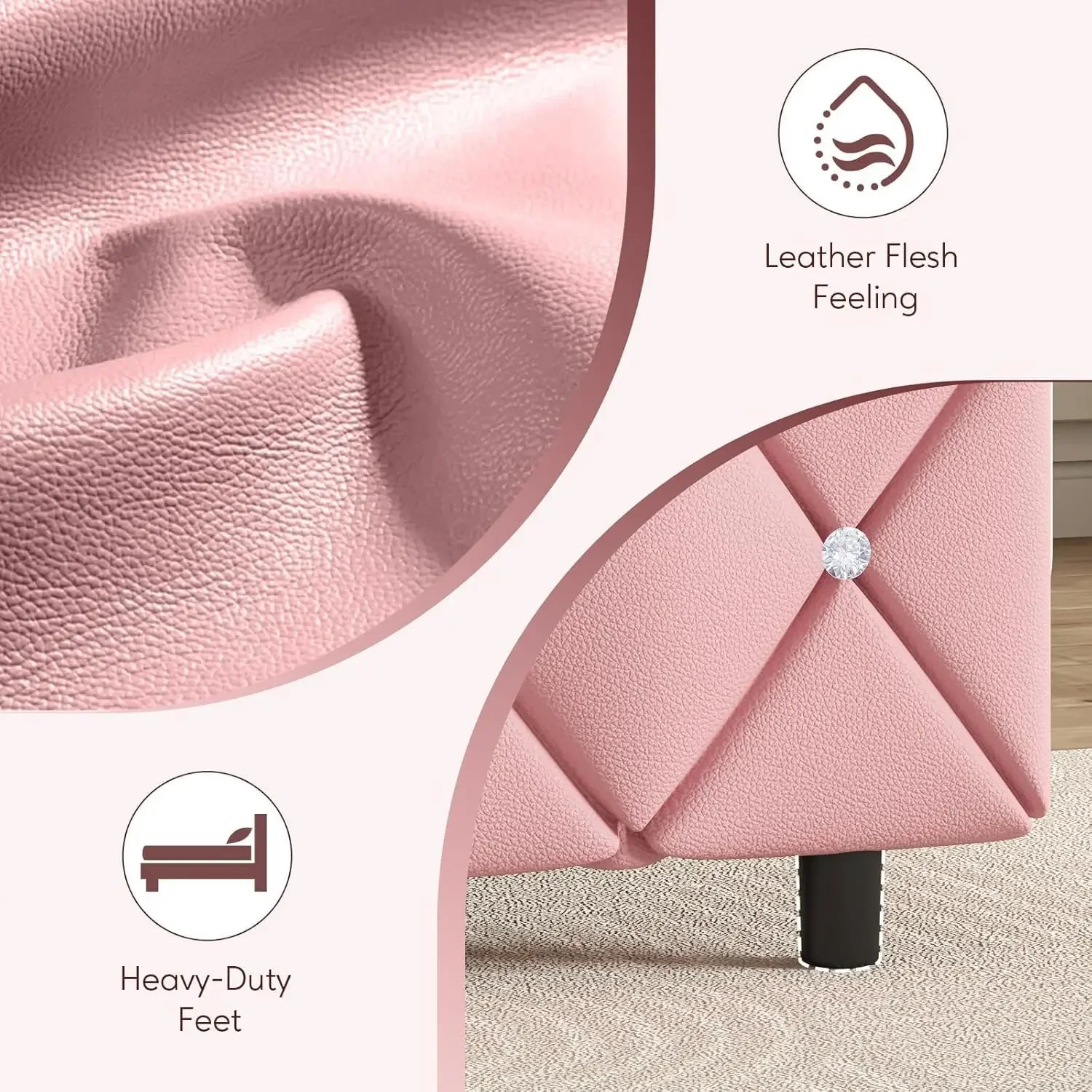 Twin Bed Frame, Pink Upholstered Bed Frame Twin Size with Diamond Tufted Headboard, Girls Twin Bed Frame with Faux Leather