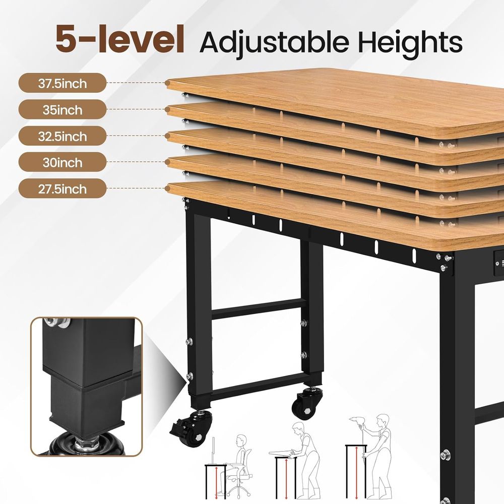 48" Adjustable Workbench with Power Outlet, Work Table with Wheels 1500 LBS Rubber Wood Workstation or Garage, Workshop, Oice, H