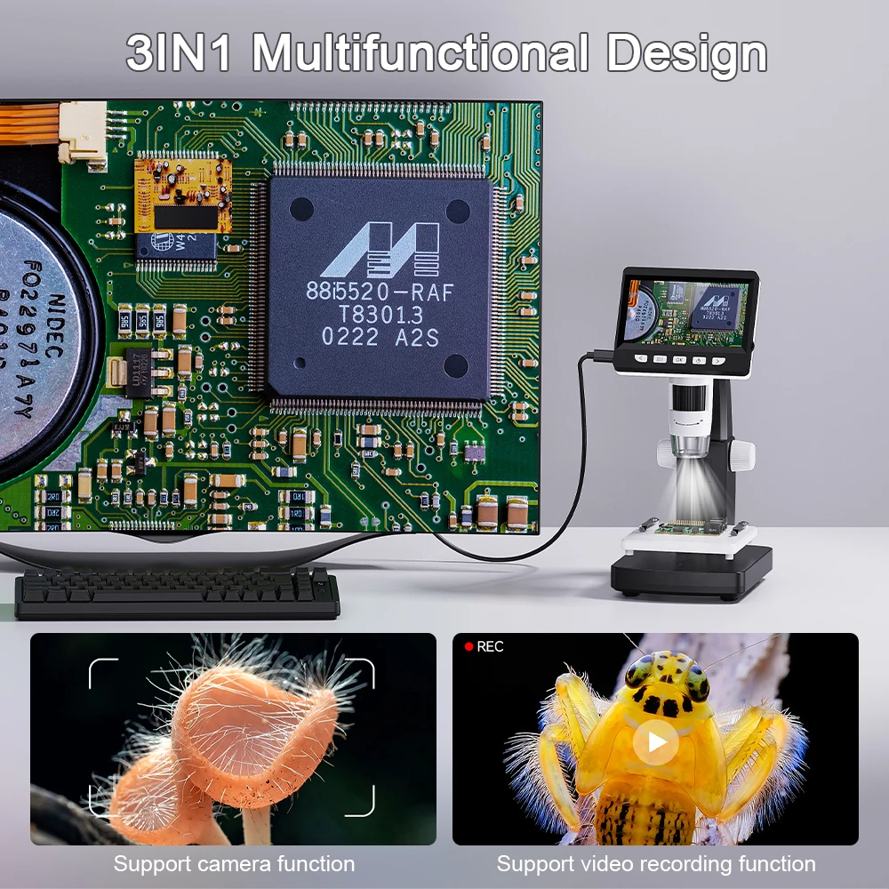 1080P 4.3"LCD Electronic Digital Microscope 1000X Magnification Coin Microscopio Adjustable Carrier Table for PCB Welding repair
