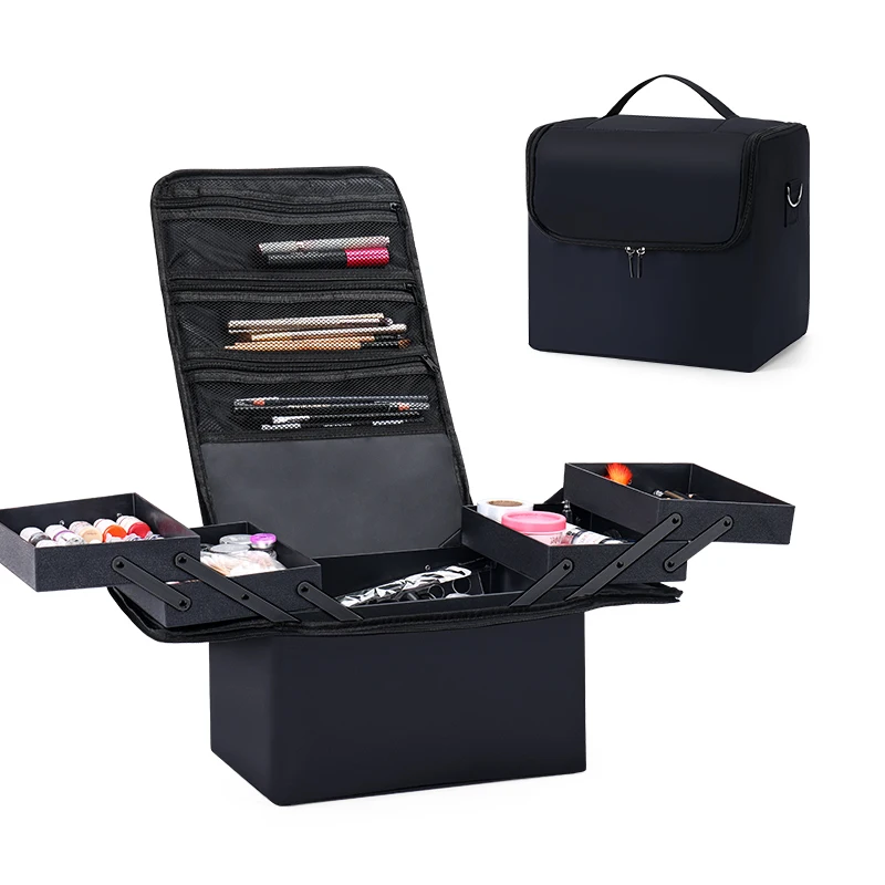 Estuche de tren de transporte de maquillaje grande para mujer, caja de almacenamiento de bolsa de viaje, estuche organizador de uñas profesional de 4 niveles con ajustable