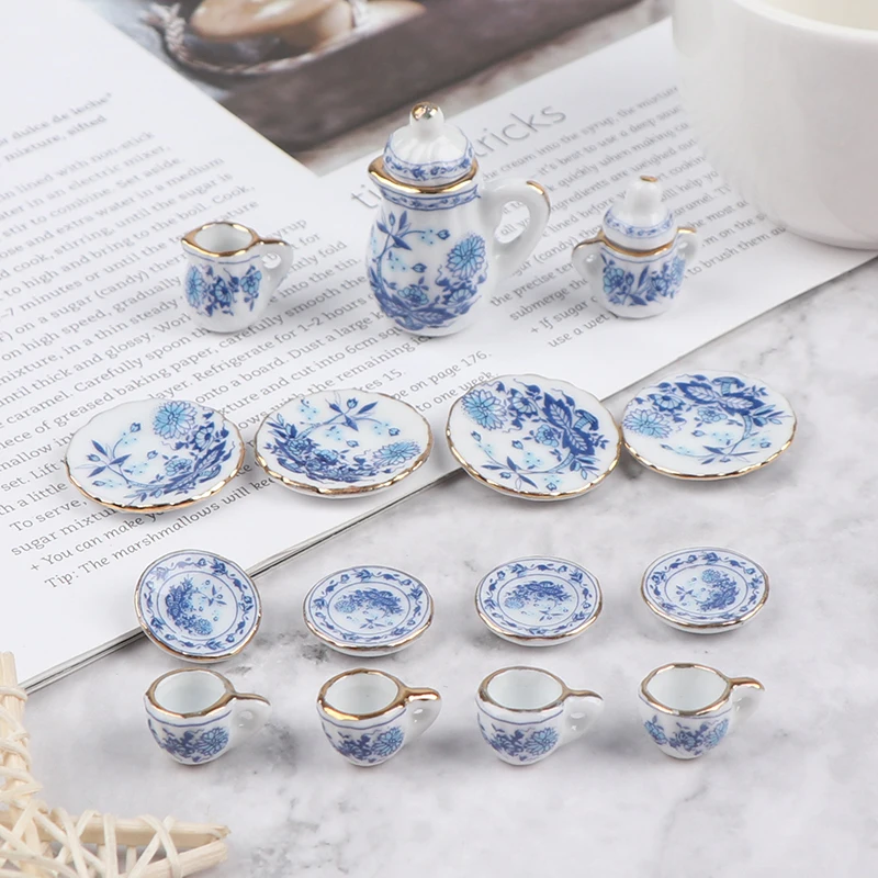15 ชิ้น 1:12 Dollhouse Miniature Tableware Porcelain เซรามิคชุดถ้วยชา
