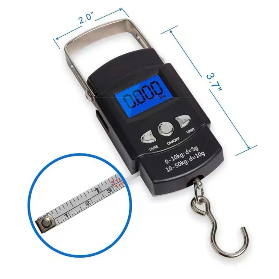Balança eletrônica com luz de fundo azul, 110lb/50kg, display lcd com regra de medição, fita digital, ferramenta de balança de gancho para pendurar na pesca