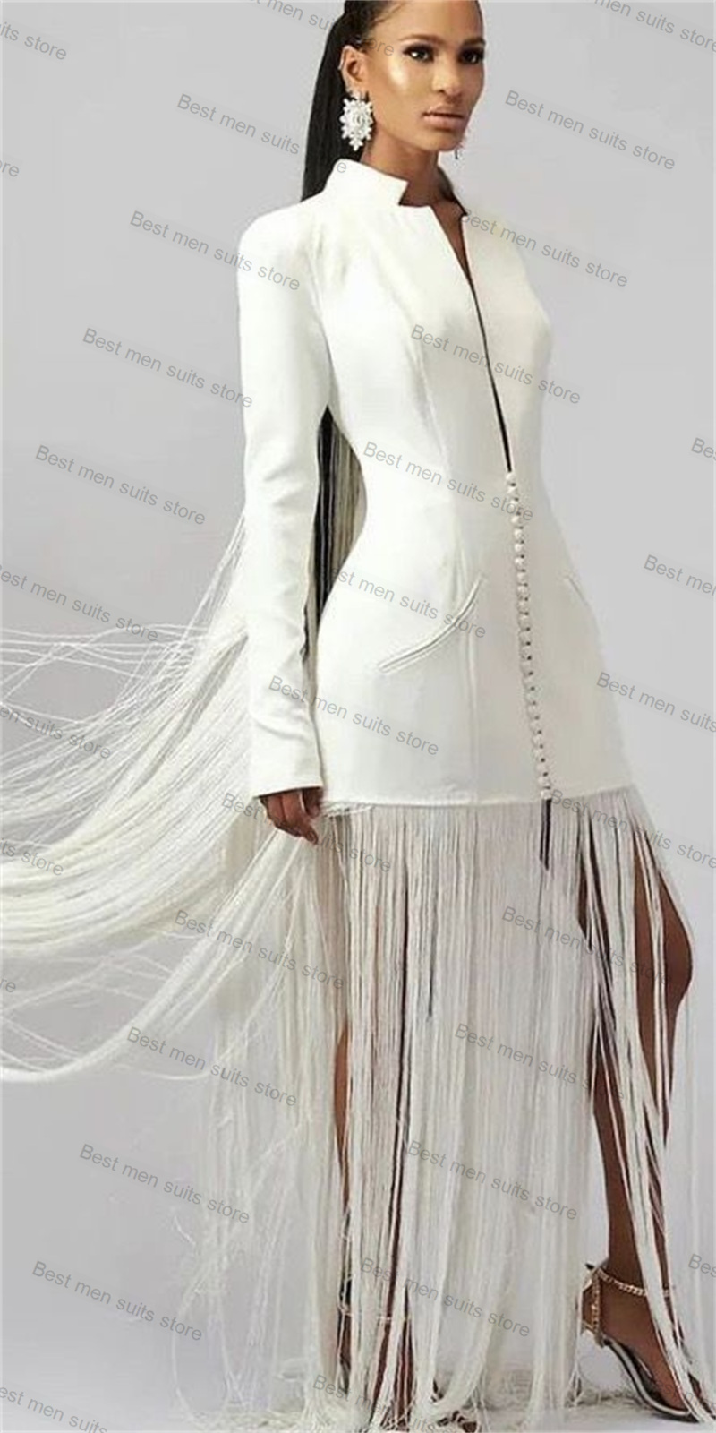Traje de borla blanca para mujer, Blazer largo de 1 pieza, esmoquin de boda, chaqueta de borla de lujo, a medida, mangas completas, abrigo de oficina para mujer