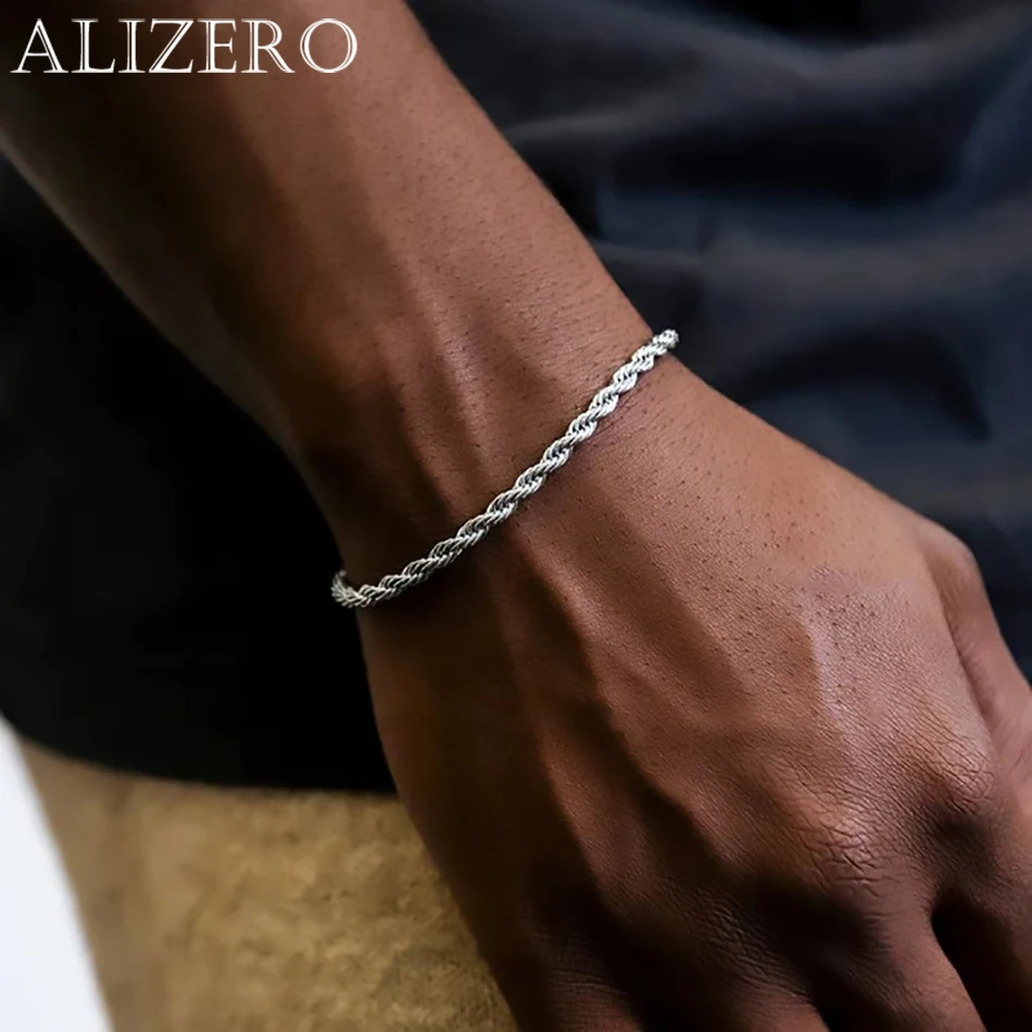 ALIZERO, pulseras de cadena de cuerda de 4mm Unisex de Plata de Ley 925 para hombres y mujeres, pulsera de cadena de eslabones retorcidos, joyería clásica Simple