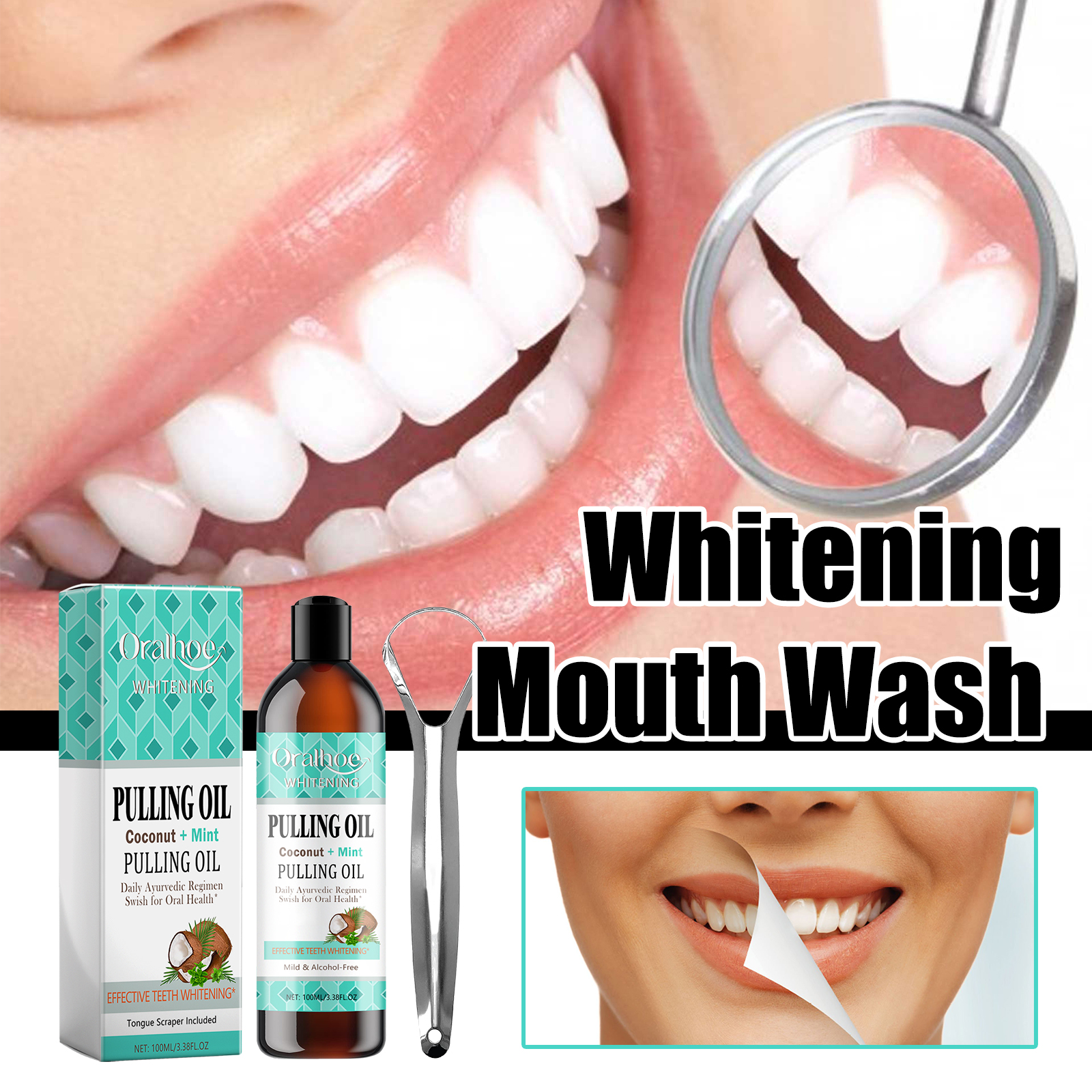 Coconut Mint Pulling Oil Mouthwash Kit With Tongue Scraper Fresh Oral Breath Odor Removal Alcohol-Free Whiten Tool Mouth Care