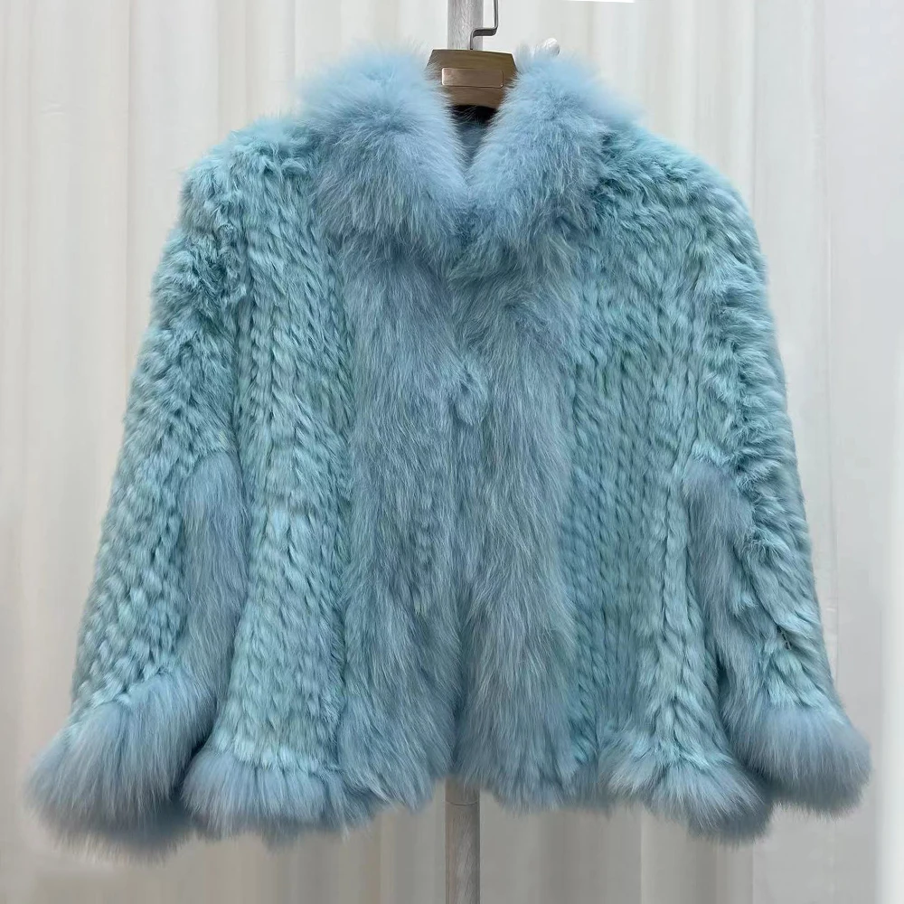 Furyoume Herbst Winter Gestrickter Kaninchenfell-Schalmantel mit Fuchspelzbesatz, weibliche Naturpelzjacke, 2025, neue Modekleidung
