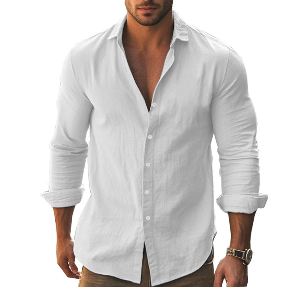 Hemd Männer Baumwolle Leinen Hawaiian Shirts Langarm Knopfleiste Button-Down Tops Atmungsaktive Frühling Sommer Herren Hemd
