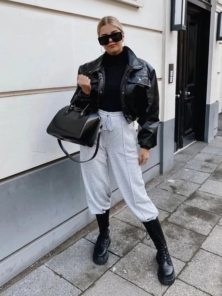 2021 Y2K KÜHLEN Frauen Plaid Präge PU Leder Jacke Mit Stepp Futter Lange Sleeve Gestellte Mantel Lose Kurze Outwear Schwarz