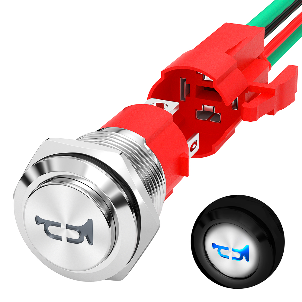 DaierTek Botão de buzina 12V 20A Heavy Duty 16MM Interruptor de buzina de metal Alto-falante LED azul Interruptor de botão momentâneo de aço inoxidável