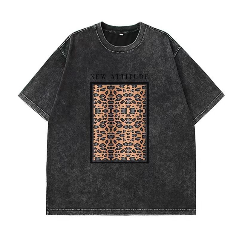 Haut mi-long à manches courtes pour femmes, coton gris, motif léopard, mode, nouveau
