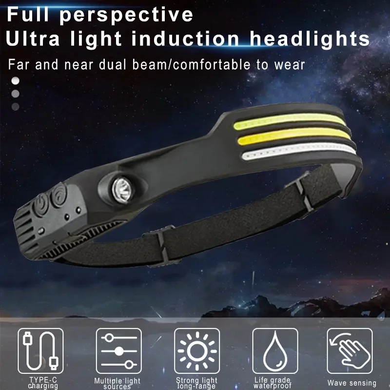 USB wiederaufladbare Stirnlampe, Induktionsscheinwerfer, COB-LED-Sensor, Stirnlampe, eingebauter Akku, Taschenlampe, 5 Beleuchtungsmodi, Scheinwerfer