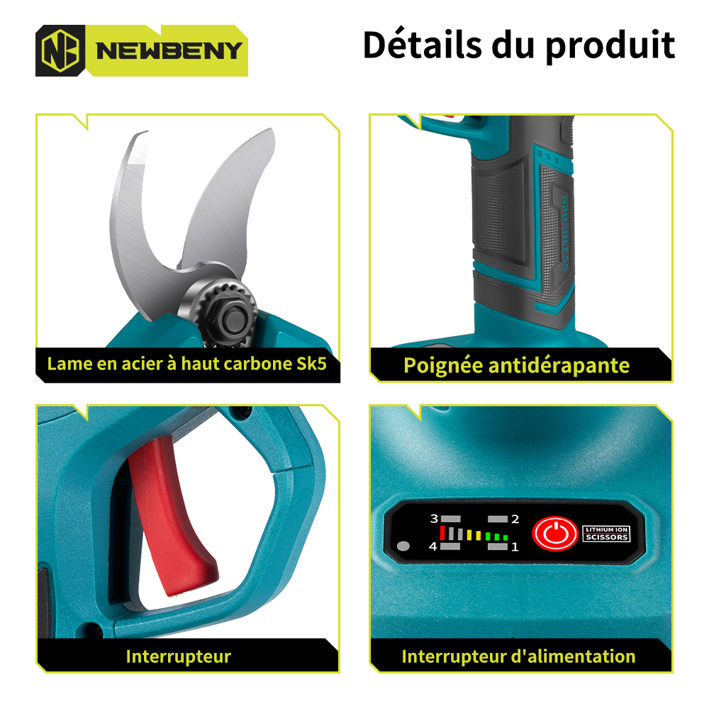 NEWBENY – sécateur électrique sans balais, 30mm, 4 vitesses, sans fil, pour jardin, arbres fruitiers, bonsaï, outil d'embellissement pour broche de batterie Makita