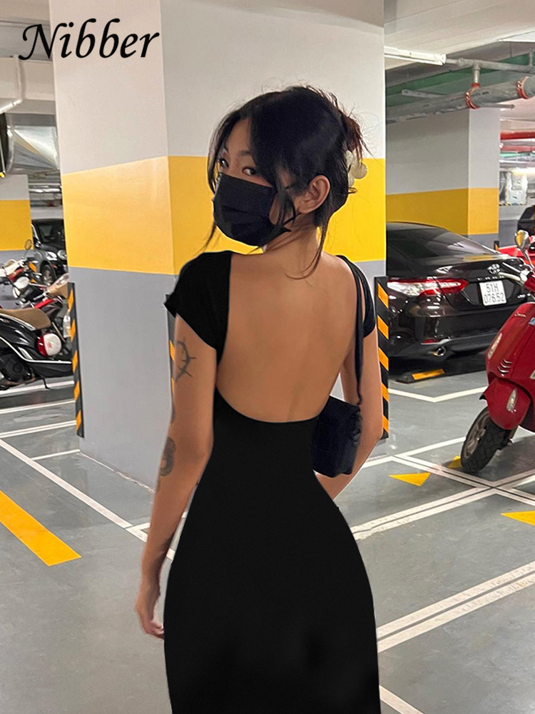 Nibberเซ็กซี่Backless Maxiชุดผู้หญิงElegant Elastic Slimแขนสั้นชุดยาวหญิงBodycon Streetwearเสื้อผ้า