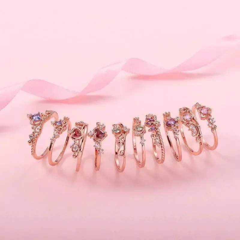 Cincin putri duyung merk Disney, ornamen perhiasan cincin putri duyung Cinderella putih salju gaya modis kartun untuk perempuan