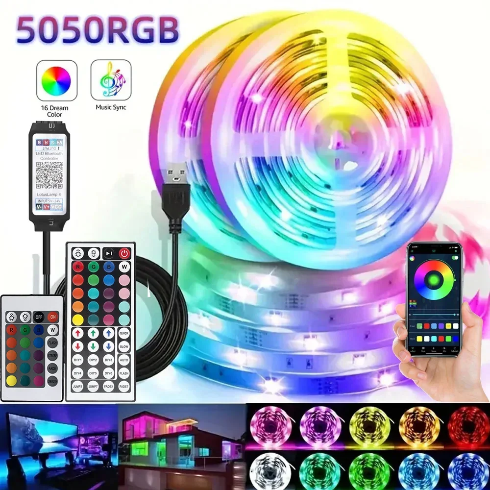 Tira de luces LED de pared RGB 5050 inteligente, Bluetooth, sincronización de música, aplicación remota, cinta Flexible para retroiluminación de TV, dormitorio, decoración de fiesta en casa