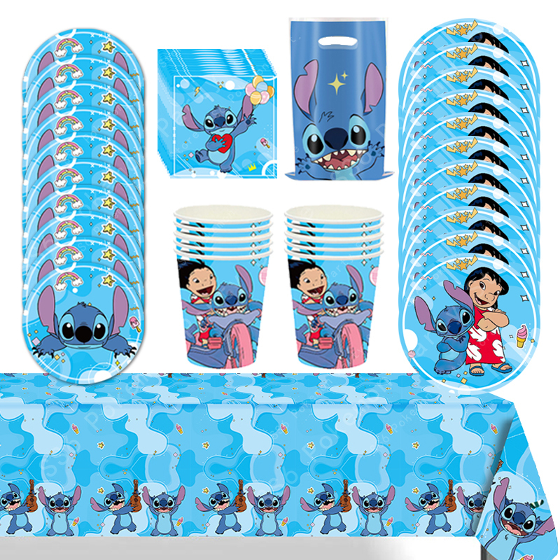 Disney Лило и Ститч украшение на день рождения девочка мальчик одноразовая посуда скатерть мешок для конфет тарелка бумажные чашки поставки набор