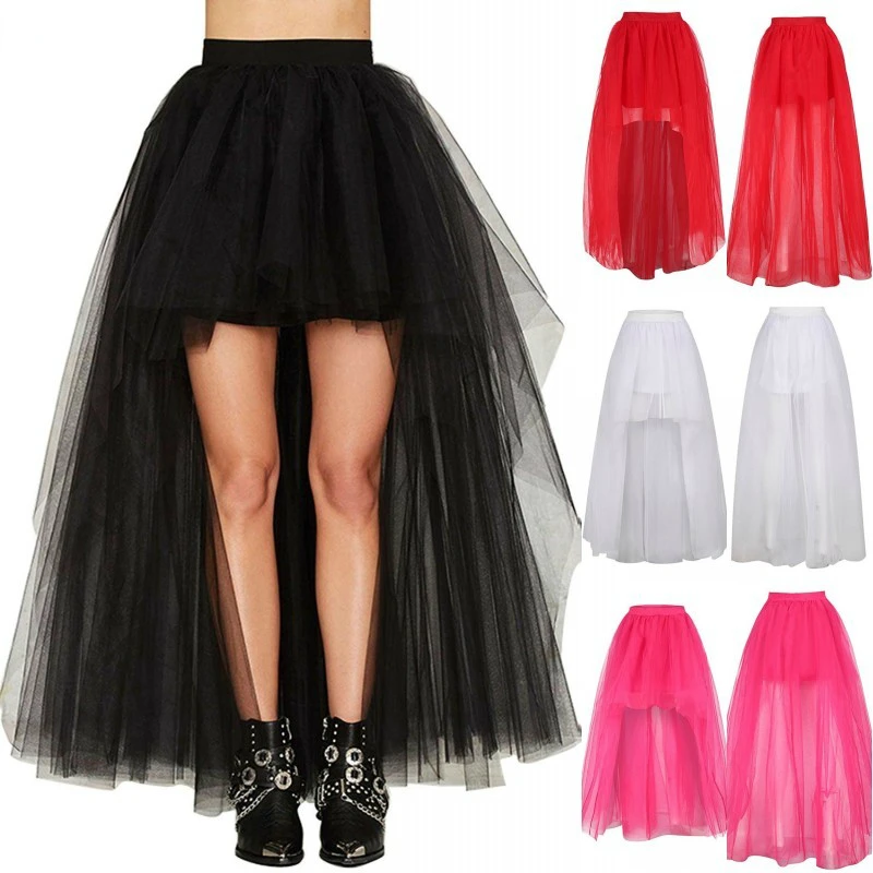 Schwarzer Tüll langer Petticoat Rockabilly 3 Schichten hoch niedrig Frau Tutu Rock Unterrock Slips Hochzeit Zubehör 2022