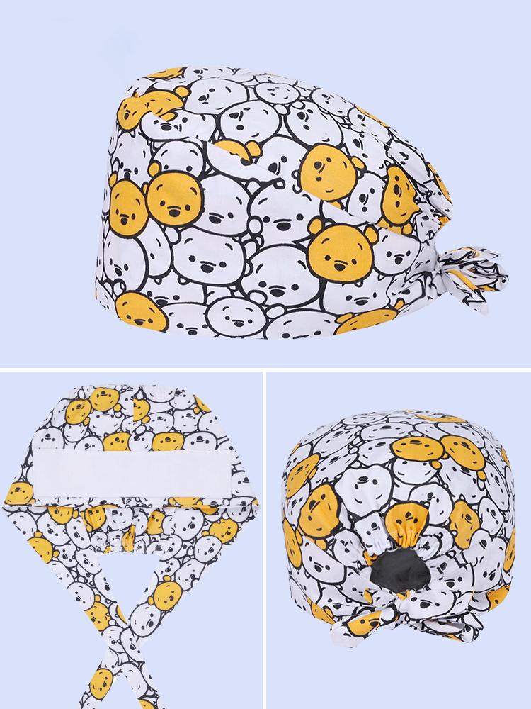 곰 외과 의사 인쇄 의료 스크럽 캡 간호사 외과 모자 100% 코튼 타이 백 스트랩 병원 수의학 의사 치과 의사 Skullcap