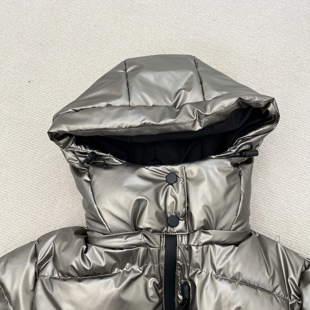 RARA 2025 Chaqueta de algodón con capucha para mujer, serie Ski, con cinturón, cintura a la moda, cálida, resistente al viento, impermeable, para ir al trabajo