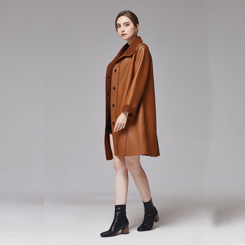 女性の冬肥厚フリース裏地ルーズ PU レザージャケットミッドレングスコートアウターママスタイルウインドブレーカーコート