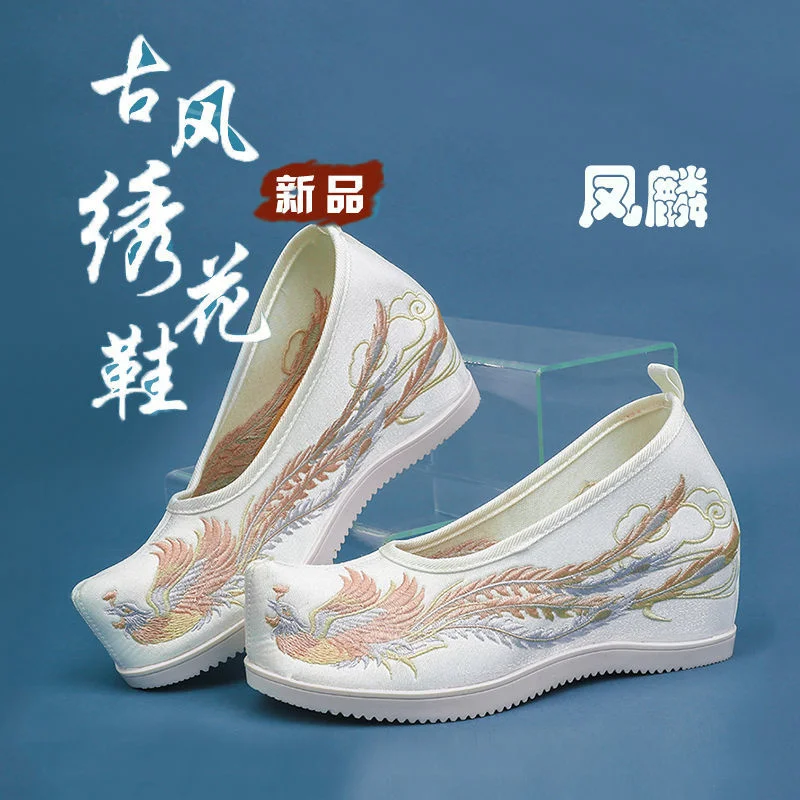 Handgeborduurde Hanfu-schoenen voor dames Traditionele Chinese bruiloftsdansflats Canvas Beijing Opera-schoenen met Phoenix-patroon