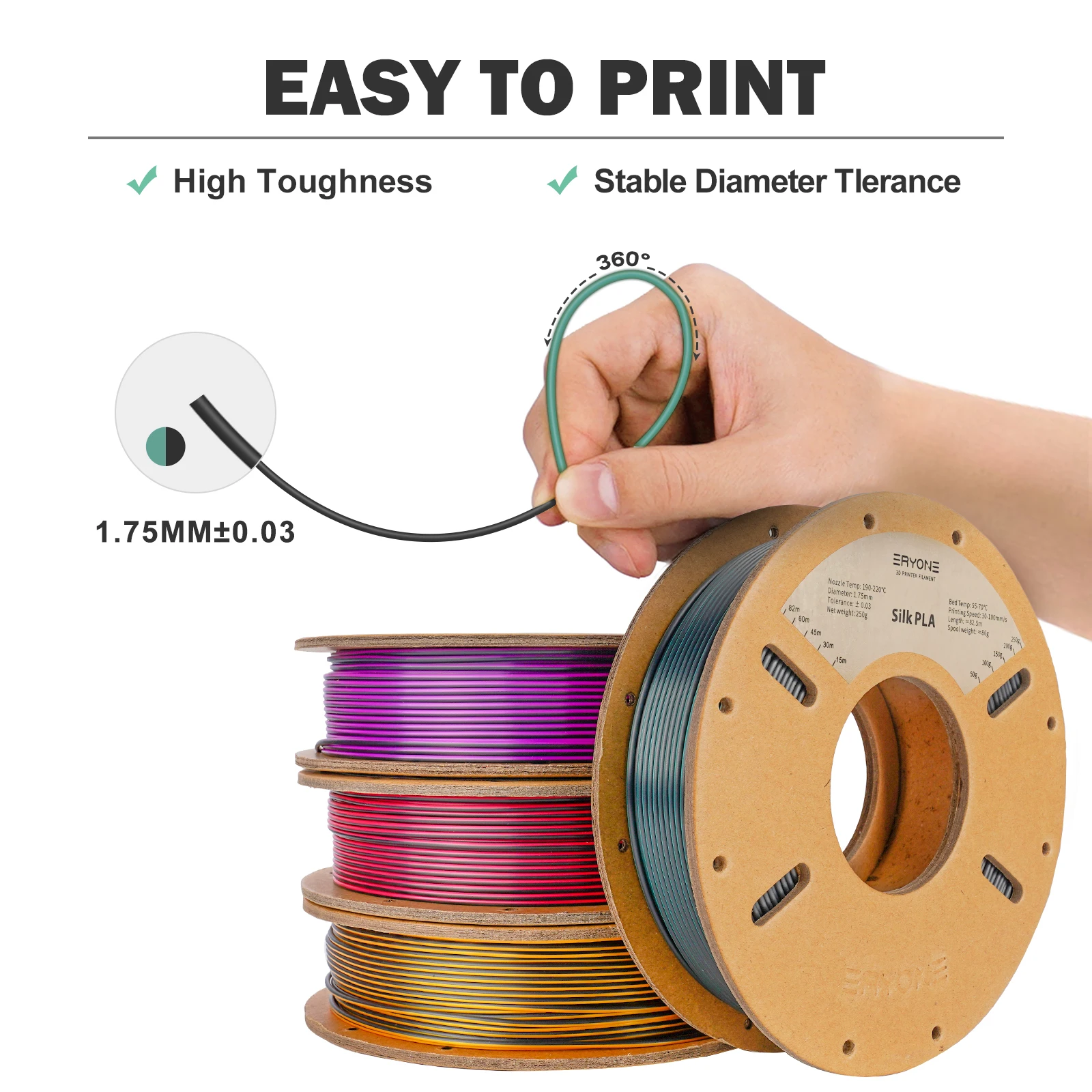 ERYONE 250G Dual-Color Matte Silk/Tri-Color Silk/PLA Filament 1.75 มม. ± 0.03 สําหรับ 3D การพิมพ์ Fast Shipping