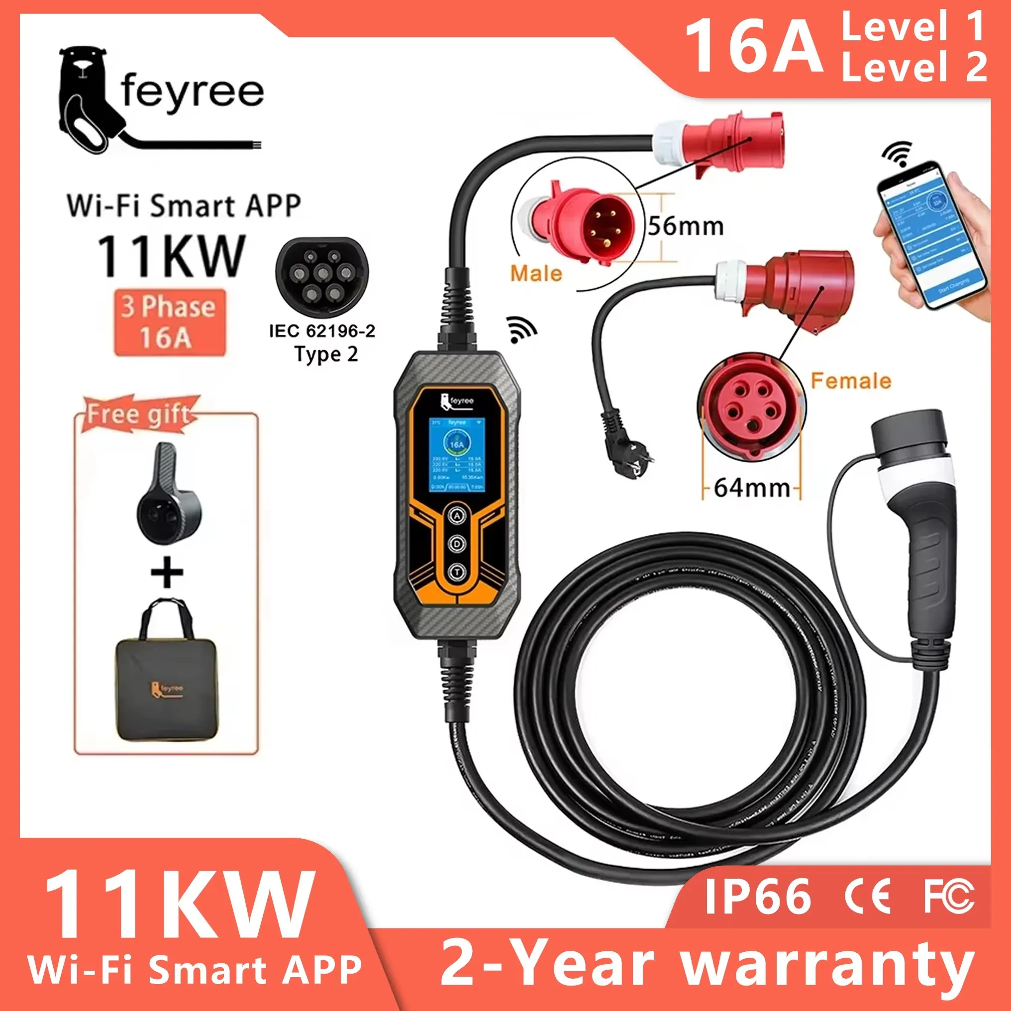 Feyree-cargador EV portátil Type2 11KW 16A, aplicación Wi-Fi trifásica, versión Bluetooth, Cable de carga EVSE, enchufe CEE de 5m para coche eléctrico