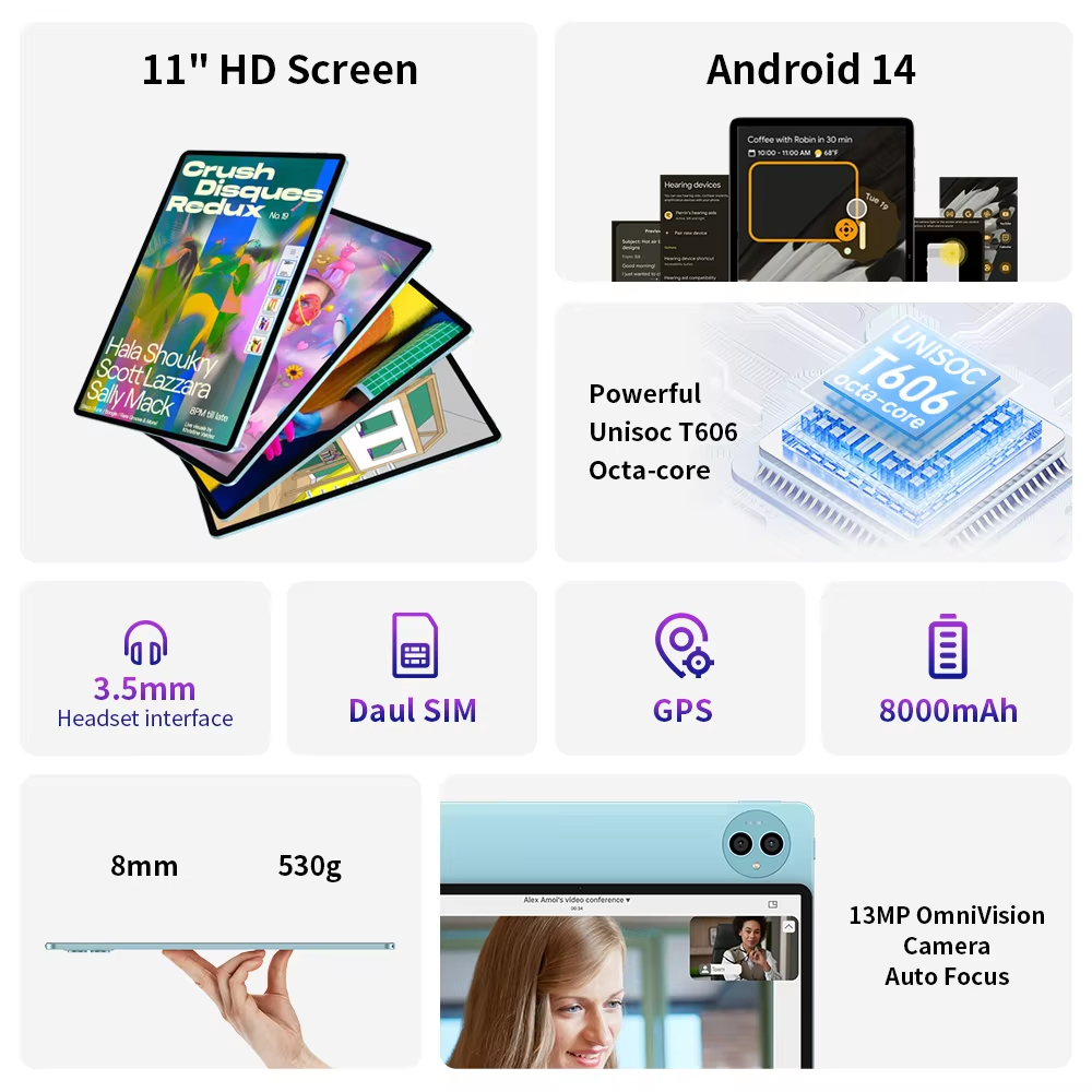 Teclast P50 Tablet 11 "Display HD 6GB RAM 128GB ROM Unisoc T606 Octa Cores 8000mAh Bateria Android 14 L1 Tablets Versão LTE (4G)
