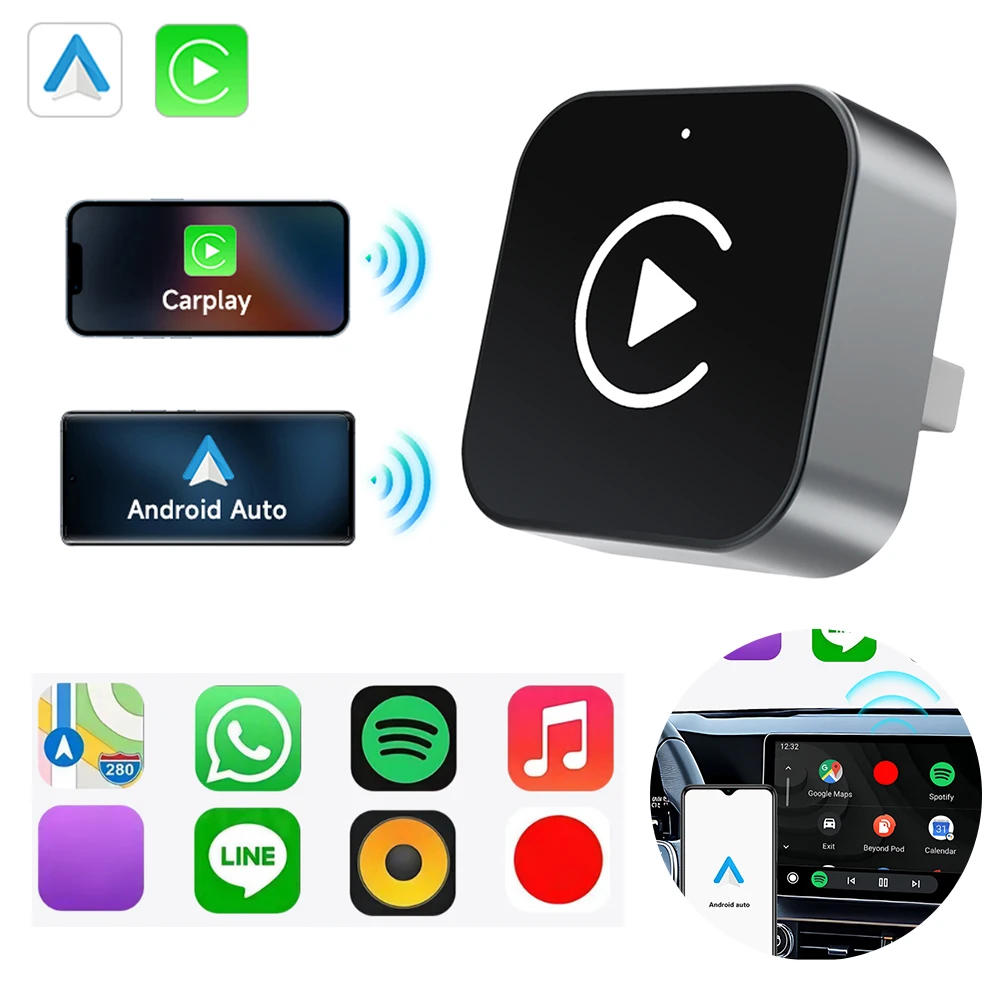 2 in 1 Wireless CarPlay Android Auto Adapter Plug & Play Convert Wired to Wireless Dongle for Factory Wired CarPlay Wired Cars