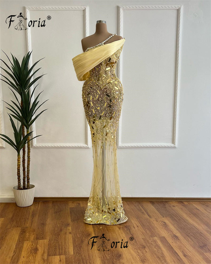 Dubai Gold Mermaid Evening Dresses, Lindas Pérolas Dubai, Contas pesadas Cristais, Vestidos de festa árabes, Vestido Formal, 2022