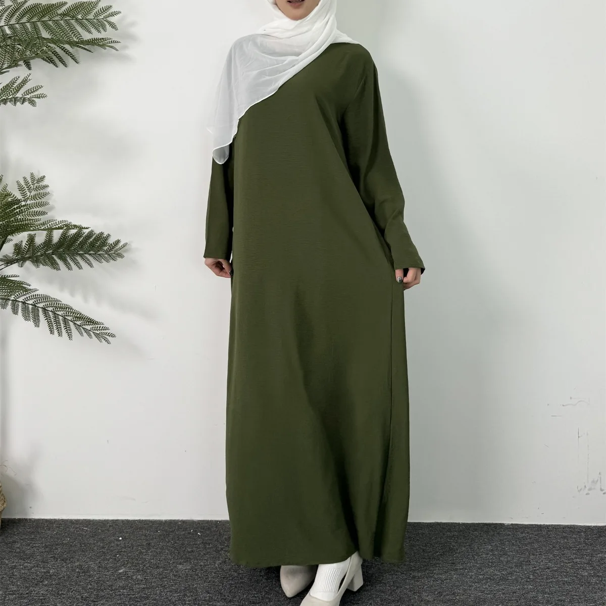 Lange Damenkleider Ramadan-Kaftan mit Rundhalsausschnitt, solides, elegantes, langärmliges muslimisches Abaya-Maxikleid, Damenbekleidung