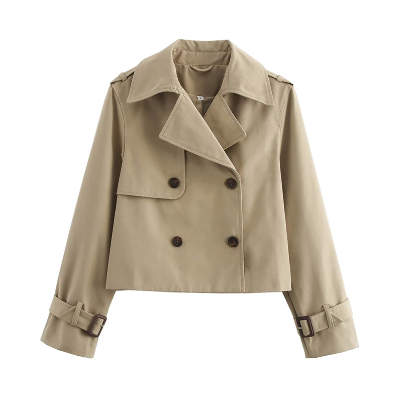 Yenkye novo outono feminino sólido recortado trench coat vintage duplo breasted manga longa jaqueta curta lapela gola blusão