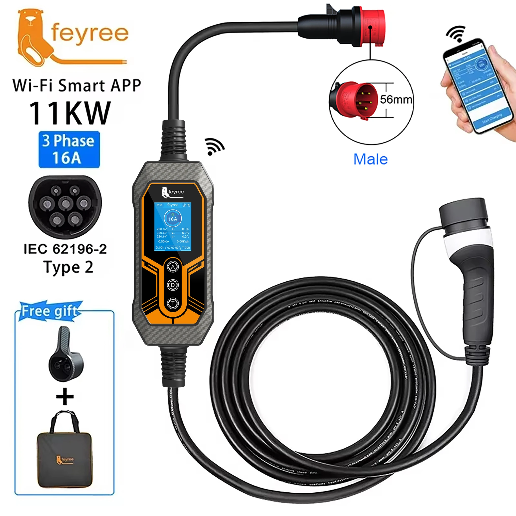feyree 11KW 16A 3 相タイプ 2 ポータブル EV 充電器 Wi-Fi アプリ Bluetooth バージョン EVSE 充電ケーブル 5 メートル CEE プラグ電気自動車用
