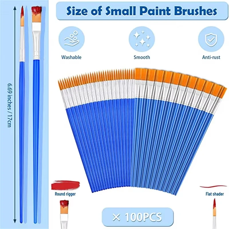 Juego de pinceles de pintura para niños, pinceles de pintura acrílicos con punta redonda y plana, pinceles para pintura al óleo de acuarela artesanal, 100 Uds.