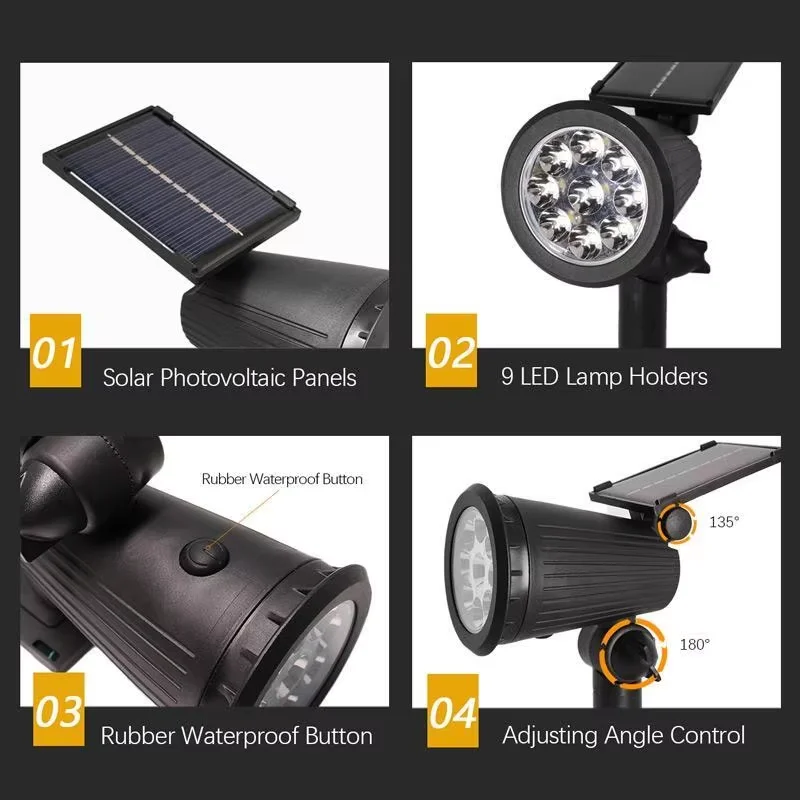 9led holofotes solares jardim à prova dip65 água ip65 luzes do ponto brilho ajustável para quintal ao ar livre garagem gramado decoração iluminação
