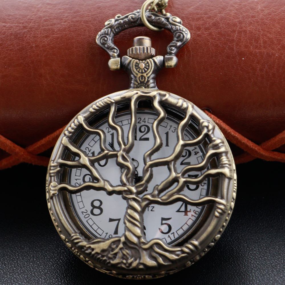 Relógio de bolso de quartzo em formato de árvore da vida oco com corrente de colar retrô bronze elegante pingente presente para homens mulheres relógio vintage