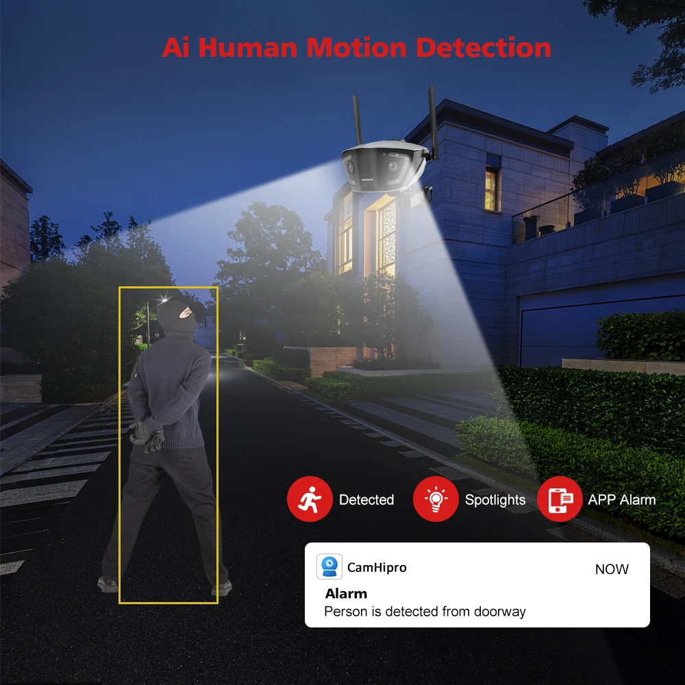 Cámara de vigilancia Wifi para exteriores 4MP 4G POE lente dual 180 °   Aplicación Camhipro de cámara de seguridad de visión nocturna en color ultraancho angular