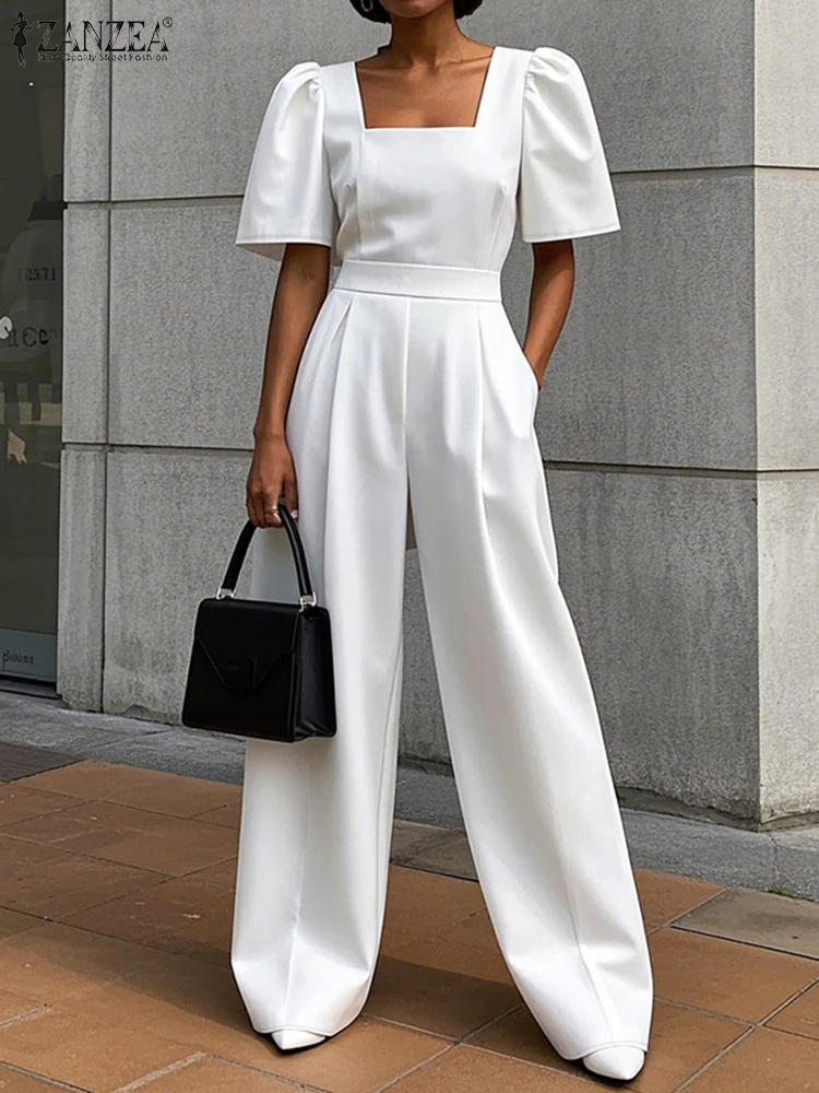 ZANZEA Street Fashion Elegante Damen Overalls Square Neck Kurzarm Ausgestattet Taille Breite Bein Hose Overalls Sommer Streetwear