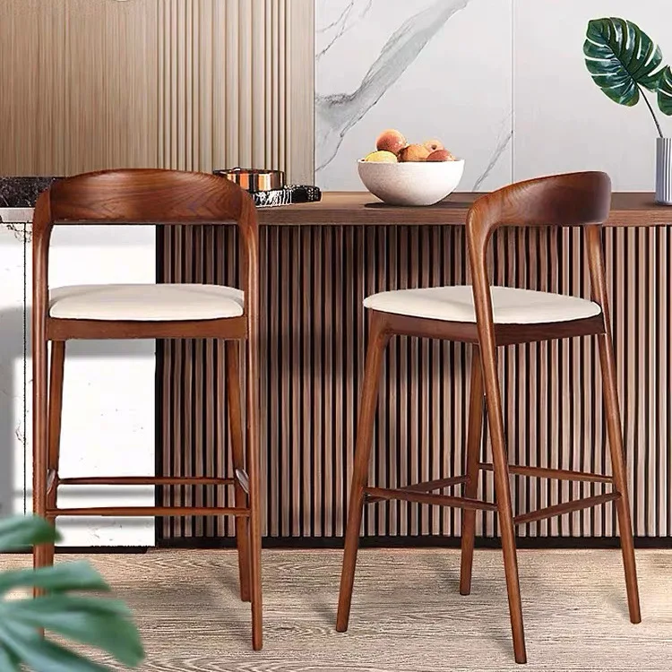 Bar Stool Modern Simple White Tsubon Wood Bar Chair Backrest Household Solid Wood High Stool Cafe Bar Chair