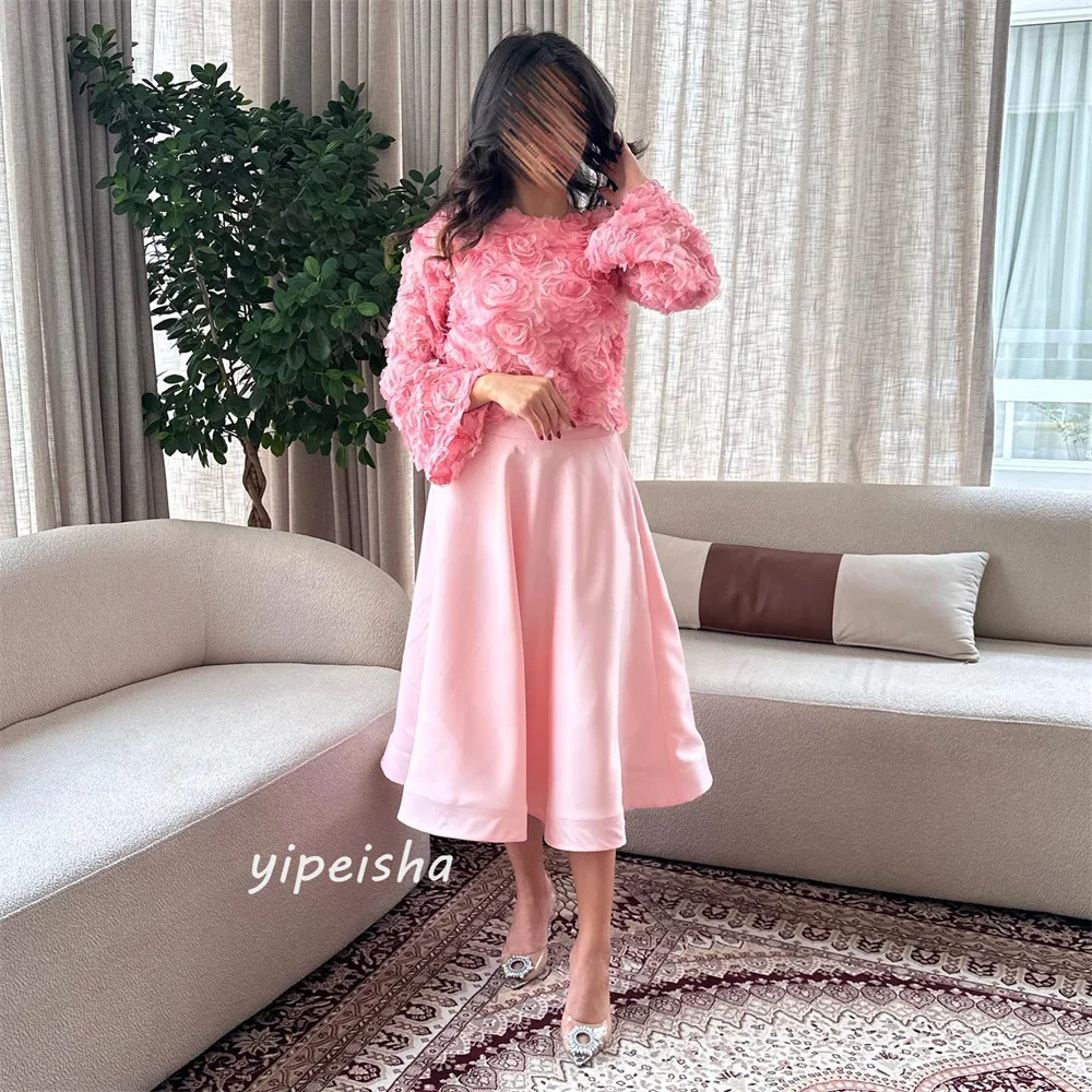 ที่กําหนดเอง Jersey Draped จีบดอกไม้งานแต่งงาน A-Line O-คอ Bespoke โอกาสชุด Midi ชุด